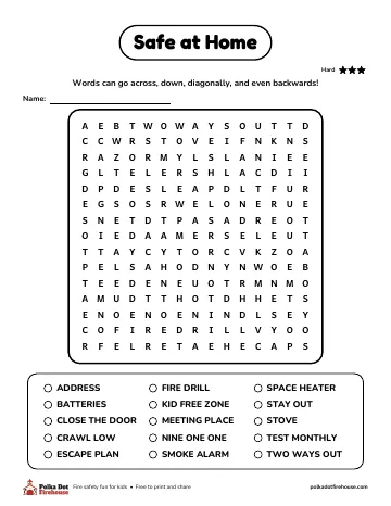 A hard word search with words like escape plan, stay out and smoke alarm