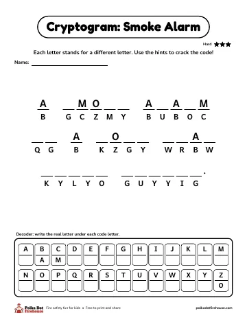 A cryptogram: crack the letter code to read a saying about smoke alarms