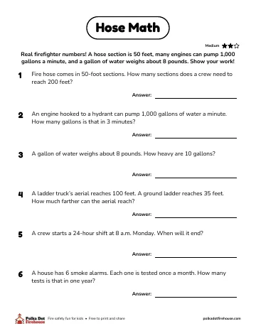 Six word problems with real firefighter numbers, like hose lengths and gallons