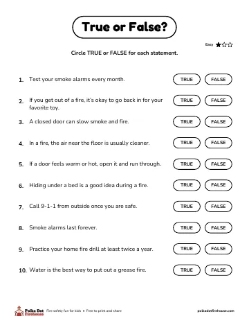 Ten fire safety sentences to circle true or false