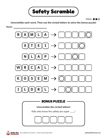 Unscramble six safety words, then use the circled letters for a bonus puzzle