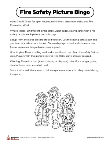 Fire Safety Bingo, PDF, opens in a new tab. The how-to page, with Captain Gus, Grandpa, Freddy, Frieda, Pepper and Mittens