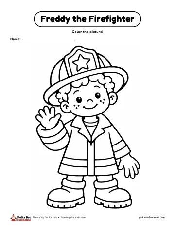 Freddy in a helmet and turnout coat, waving