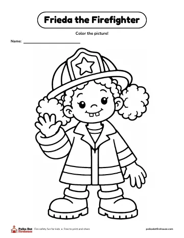Frieda in a helmet and turnout coat, waving