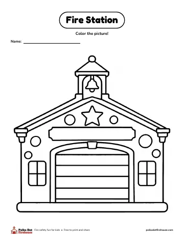 A fire station with a bell tower, a star and a big bay door