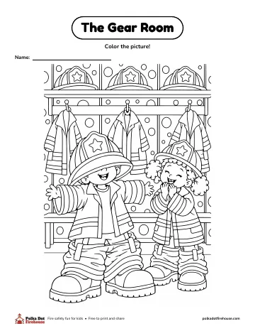 Freddy and Frieda try on giant turnout gear under a row of coat hooks