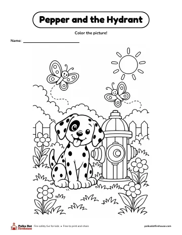 Pepper sits by a fire hydrant in a garden with flowers, butterflies and the sun