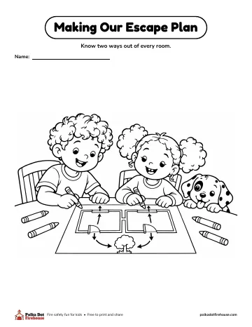 Freddy and Frieda draw a map of their home with arrows to the ways out as Pepper peeks in