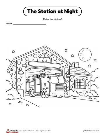 The polka-dot fire station and its engine under the moon and stars