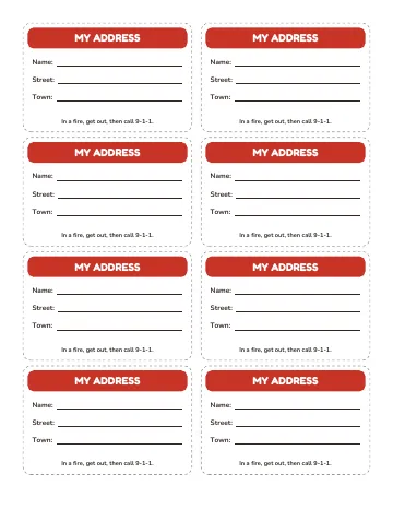 Eight cards with lines to write your name, street and town