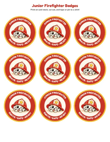 Nine round Junior Firefighter badges with Pepper in a helmet