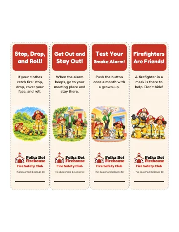 Four bookmarks, each with a safety rule and a picture