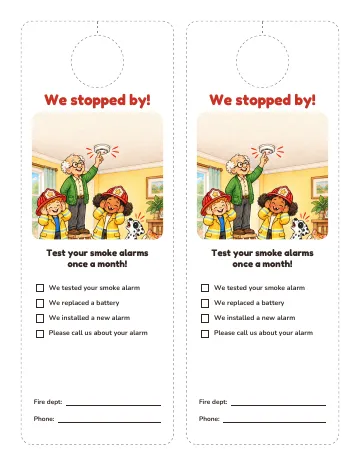 Two door hangers that say We stopped by!, with smoke alarm check boxes