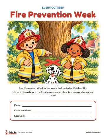Freddy and Frieda point to a meeting spot under a tree, with blanks for the event details