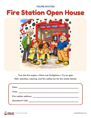 Grandpa, Freddy, Frieda and Captain Gus by Engine 1, with blanks for date, time and place