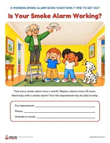 Grandpa tests a smoke alarm as the kids cover their ears, with blanks for your department