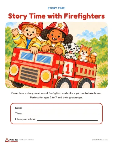 Freddy, Frieda, Pepper and Mittens in a toy fire engine, with blanks for date and place