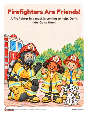 A firefighter in a mask and air pack kneels and waves to Frieda, Freddy and Pepper