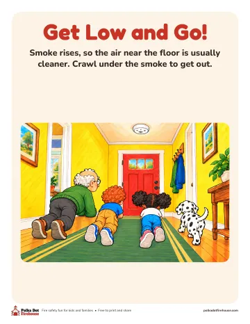 Frieda crawls through a play tunnel under gray smoke as Captain Gus cheers