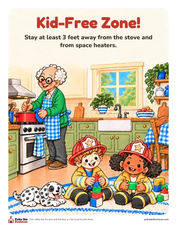 Grandpa cooks at the stove while Freddy, Frieda and Pepper play behind a tape line