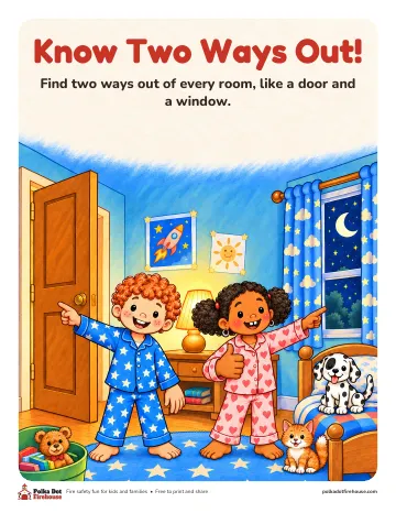 Freddy and Frieda in pajamas point to the bedroom door and the window