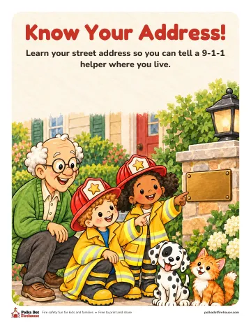 Grandpa, Freddy and Frieda point at the house number by the gate, with Pepper and Mittens