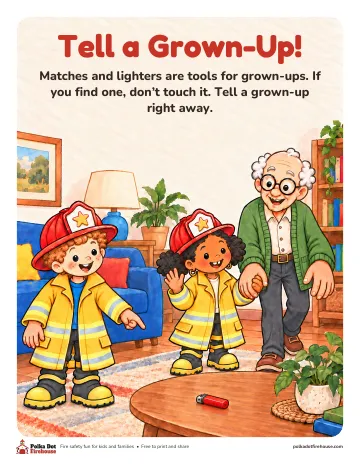 Freddy points at a lighter on the table and tells Grandpa, with Frieda beside him