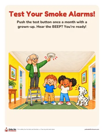 Grandpa presses the smoke alarm's test button while Freddy and Frieda cover their ears