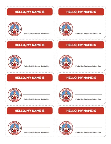 Eight Hello, my name is tags with a firehouse badge