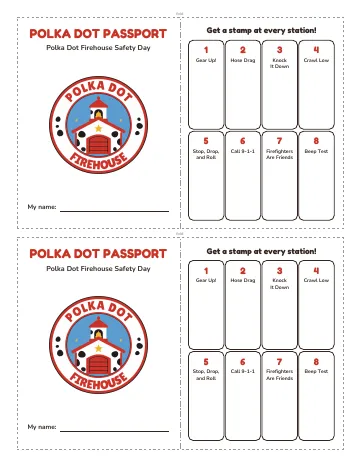Two passports, each with a firehouse badge and eight boxes to stamp