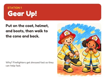 The first sign, Station 1: Gear Up!, with Freddy and Frieda pulling on their gear