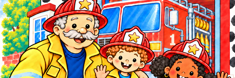 Captain Gus, Freddy and Frieda by the fire engine